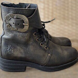 Fly London Black Gold Leather Lace Up KARA664FLY Combat Boots Moto KAYLEE Size 9